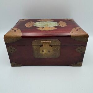 Vintage‎ Rosewood Jewelry Box Carved Jade Inlay Brass Accents Shanghai China